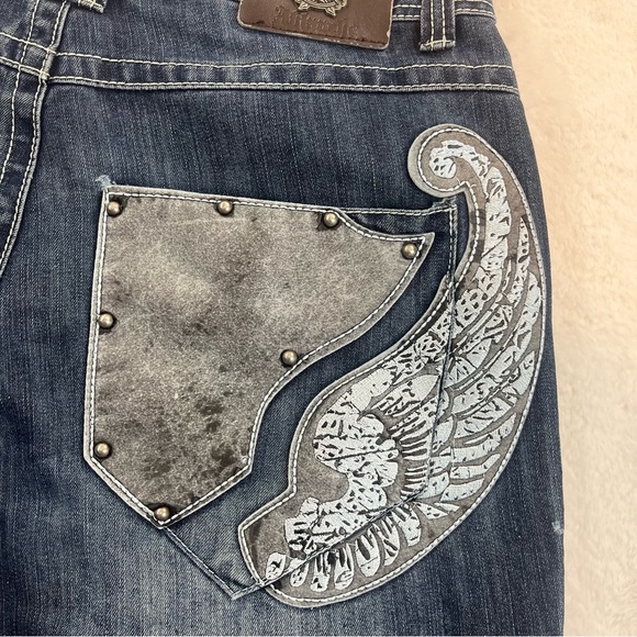 Ablanche Jeans Mens 36x32 Blue Denim Jeans Skater Y2K Style Embroidery Wings - Picture 13 of 16